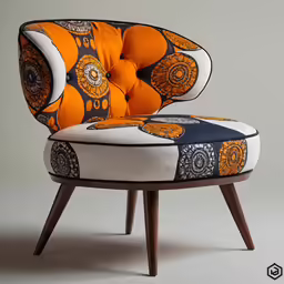 an orange and white chair with a wooden legs