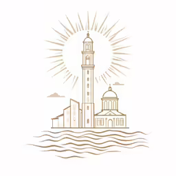 a white and beige lighthouse is in the middle of the sea