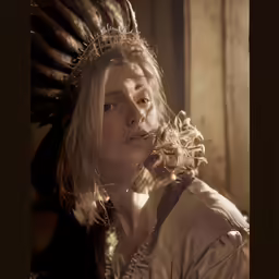 a woman with a headdress is staring to her left