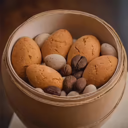 a basket full of nuts and cookies sitting on a table