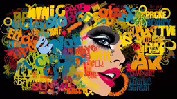 a photo of a beautiful woman with words on it,a woman with colorful words on her face