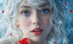 an animated portrait of a woman with white hair and blue eyes