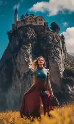 a woman standing in a field with a castle on a mountain