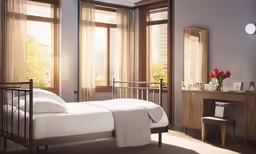 a white bed sitting in front of two windows