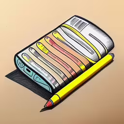 a pencil and some books on a table,this is a drawing of a notebook with a pencil inside,the drawing is an open book with pencils,a notebook sitting on top of a table next to a pencil,a book with many different types of books on it