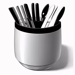 there is a cup filled with different sized knives