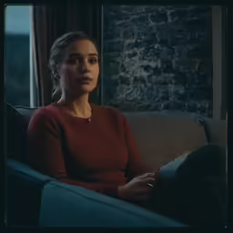 a young woman sitting on a couch looking away from the camera