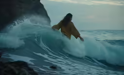 a woman in a yellow top is surfing a wave