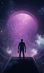 a person standing on a space themed platform
