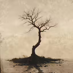 a tree with some birds on the shore of a lake