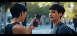 a young man is checking his cell phone while another man stands and looks at his back