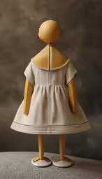 a wooden doll standing on top of a chair