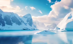 a group of white mountains with ice floating on the water