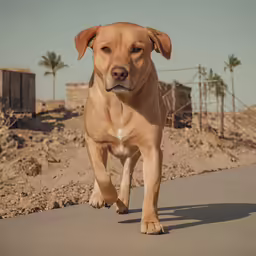 a brown dog running on a sidewalk in front of some dry grass