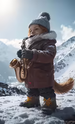 a young girl playing the saxophone on top of a snow covered slope