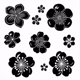 some black and white flowers with some green,various hawaiian flowers and a white background