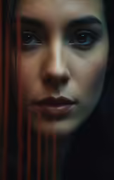 a woman with dark eyes looking at the camera