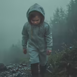 a young child walking on a foggy path