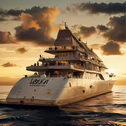 the large boat is headed to sea at sunset