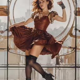 a woman wearing a brown dress and black boots posing