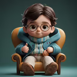 a small doll of a young man wearing glasses and an overcoat