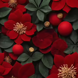 red christmas balls on top of green leaves and flowers