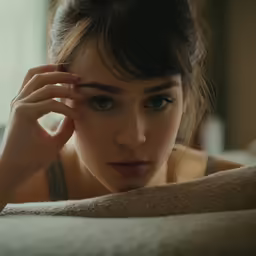 a woman that is laying down with a serious look on her face