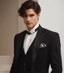 a young man is dressed in a black suit