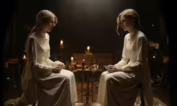 two women sitting down together as if discussing