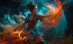 a girl holding fire with wings while posing