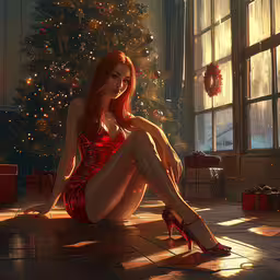 a beautiful woman in red sitting on the floor by a christmas tree,a woman in a short red dress sits next to a christmas tree