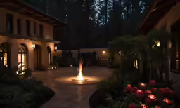 a lit fire in the middle of a patio