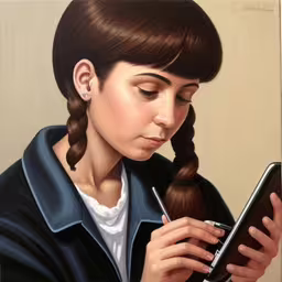 a painting of a woman holding a cell phone
