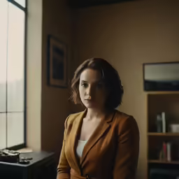 a woman standing next to a window with no people