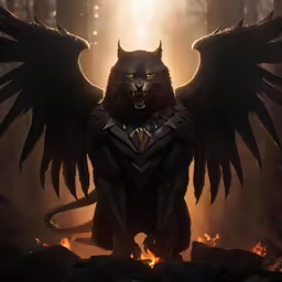 the demon in the forest is sitting on a rock with his wings outstretched