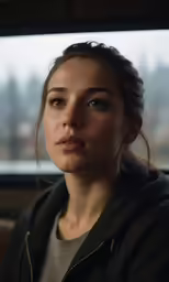 woman in black jacket staring away from the camera