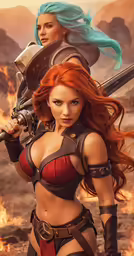 a beautiful redhead girl holding a sword and a big breast