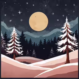 a snowy night with full moon and two trees,two pine trees are in the middle of a snow filled landscape