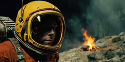 a man wearing a space suit and helmet in front of a fire