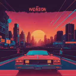 a colorful car sits on a road in front of a futuristic city,an orange car is parked on the side of a city road