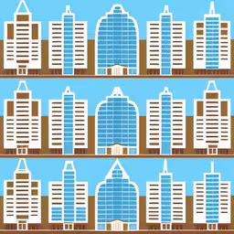 a pattern of city buildings on a blue sky,the city with tall buildings is on blue