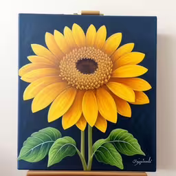 painting with sunflower on blue background with wood holder,a painting of a yellow flower on a wooden block
