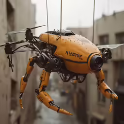 an orange flying robot in the air with one leg up