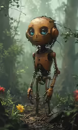 a creepy looking robot walking through the forest