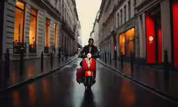a man driving a motorcycle down a dark street
