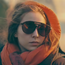 the woman in sunglasses is wearing a jacket and scarf
