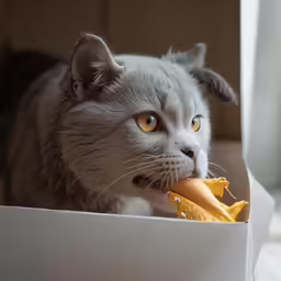 grey cat with brown eyes in a box eating an orange