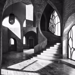 a staircase in an arched room with glass windows