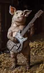 a pig holding a guitar while standing on a bed of hay