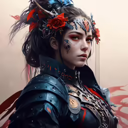a very young woman in armor with horns and a flower crown on her head